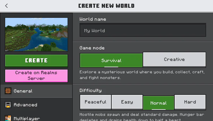 Creating a new world and selecting game options in Minecraft